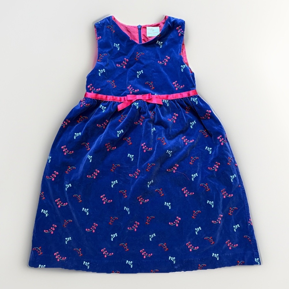 Hanna Andersson Blue Velour Floral Embroidered Bow Dress Girls Size‎ 130 (US 8)